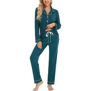 Anjue Pajamas for Women Soft Button Up Pajama Set Long Sleeve & Drawstring Pants